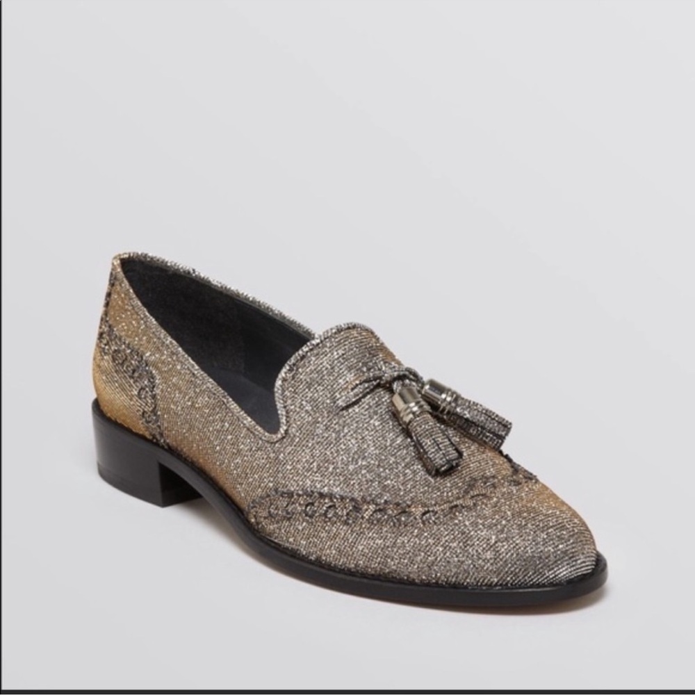 STUART WEITZMAN The Guy Thing Metallic Tassel Loafers In Pyrite Nocturn 6.5N - Picture 2 of 10